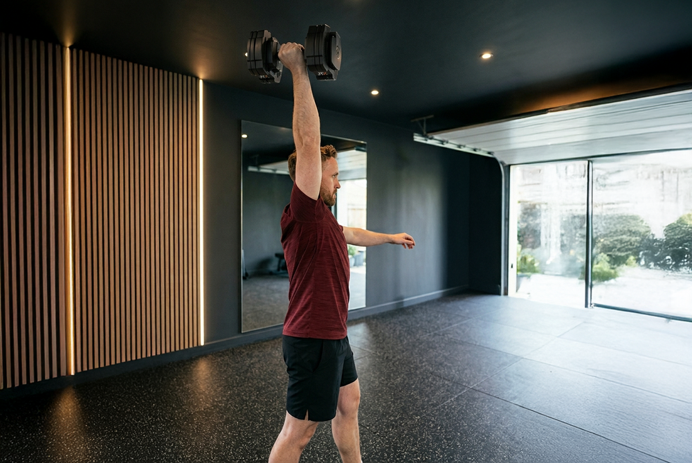 Man Doing An Overhead Dumbbell Press Using Adjustable Dumbbell in Home Garage Gym