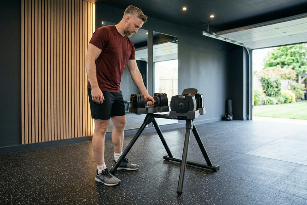 Man Using Adjustable Dumbbell Stand In Home Gym