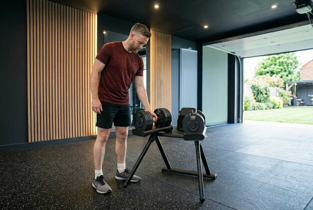 Man Using JTX Adjustable Dumbbell Stand In Garage Home Gym