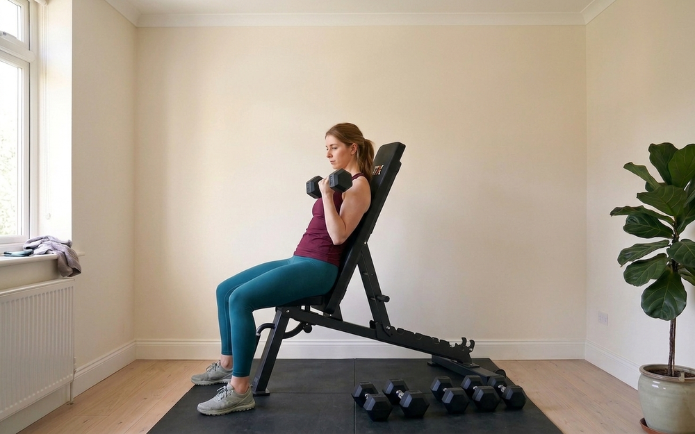 Woman completing a dumbbell bicep curl on the JTX FID bench in a home gym setting