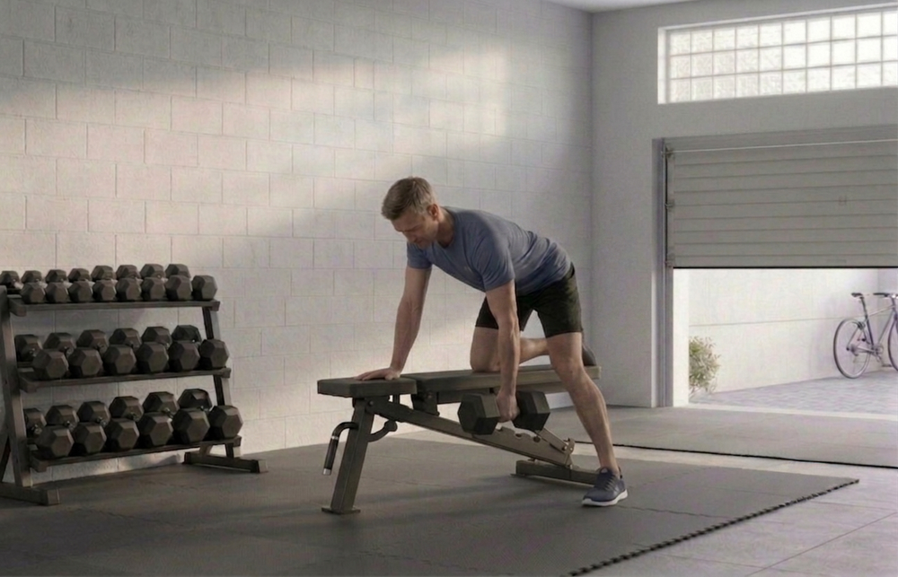 Man using the JTX FID Bench in a garage home gym doing a dumbbell row