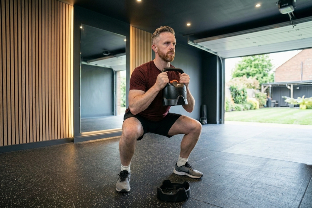 Man Doing a Goblet Squat Using JTX Adjustable Kettlebell In Home Gym
