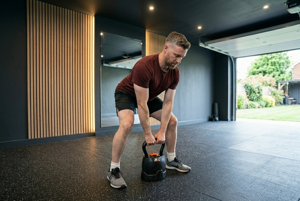 Man Using The JTX Adjustable Kettlebell In Home Gym