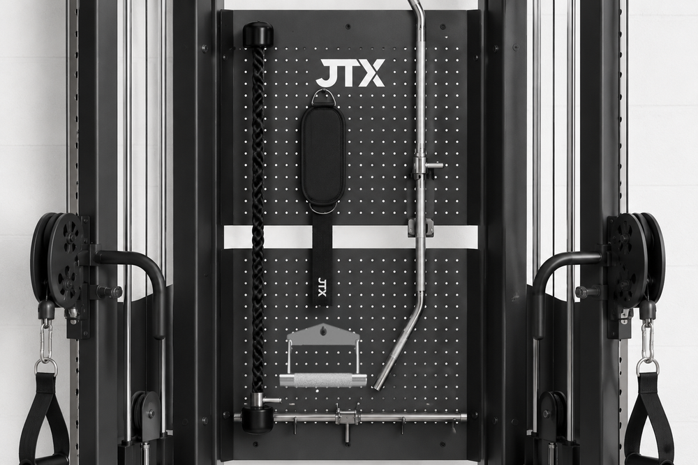 JTX Calibre Cable Machine Attachments on the Pegboard