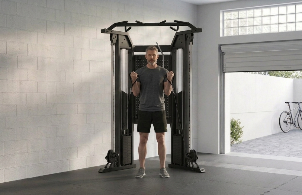 Man doing a bicep curl using the JTX Calibre in a home garage gym