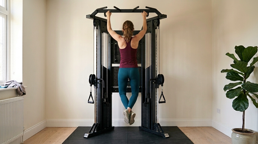 Woman doing a pull up on the JTX Calibre Functional Trainer in a home setting