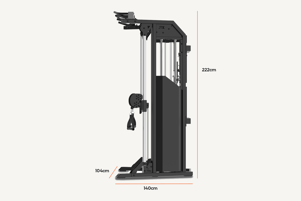 Side on view of the JTX Calibre showing the machine's dimensions on a white background