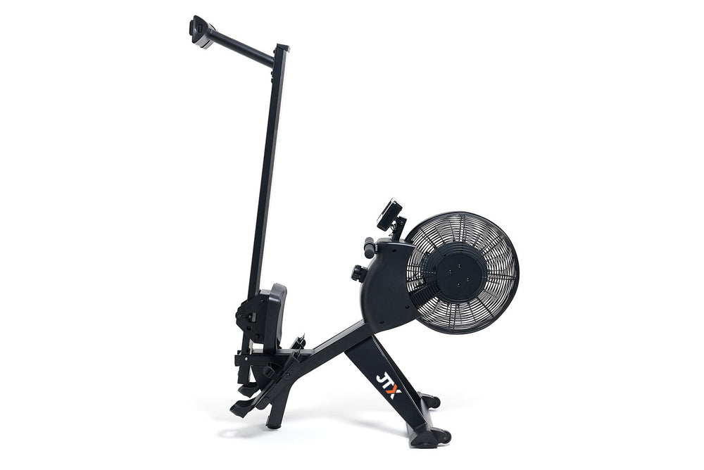Black JTX Freedom Air rowing machine  in the folded position on a white background.