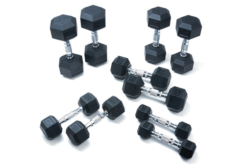 Set of black hex dumbbells on a white background.
