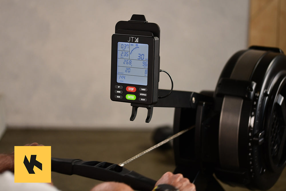 Digital computer of the JTX Ignite AirX Rower rowing machine. Kinomap logo is on display.