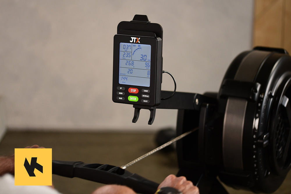 Digital computer of the JTX Ignite AirX Rower rowing machine. Kinomap logo is on display.