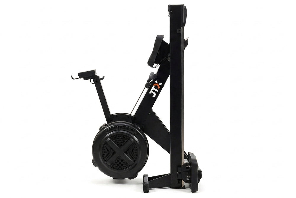 Black JTX Ignite AirX Rowing Machine in a Folded Position On a White Background