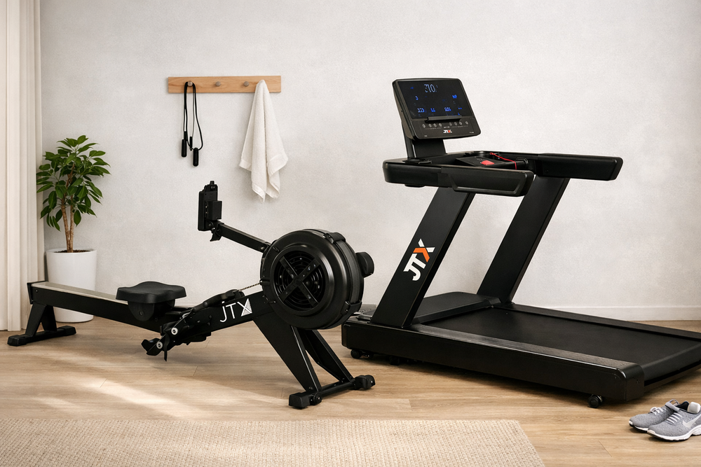 JTX rowing machine and treadmill in a home gym setting.