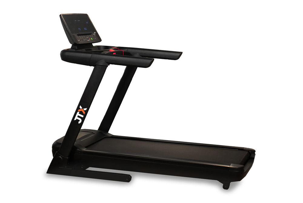 Black JTX Sprint-8 treadmill on a white background.
