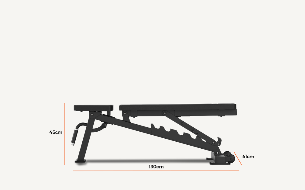 JTX FID Bench in a flat position on a white background with dimensions