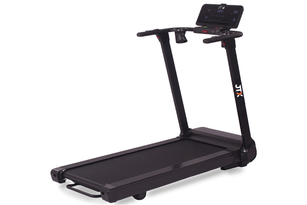 Black JTX RunRise treadmill with digital display on a white background.