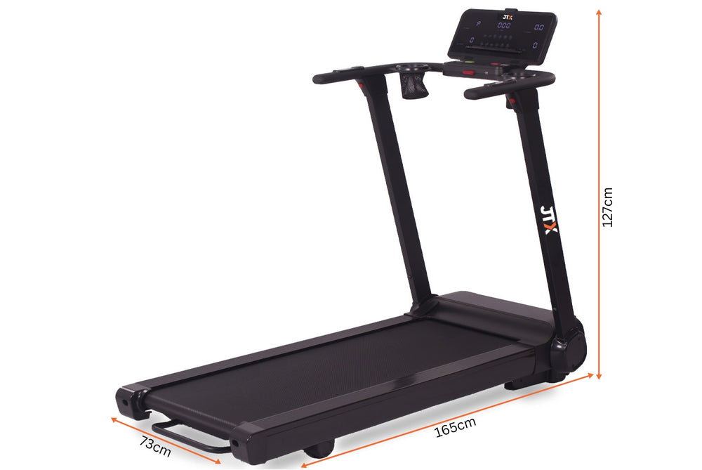 Black JTX RunRise treadmill with digital display on a white background