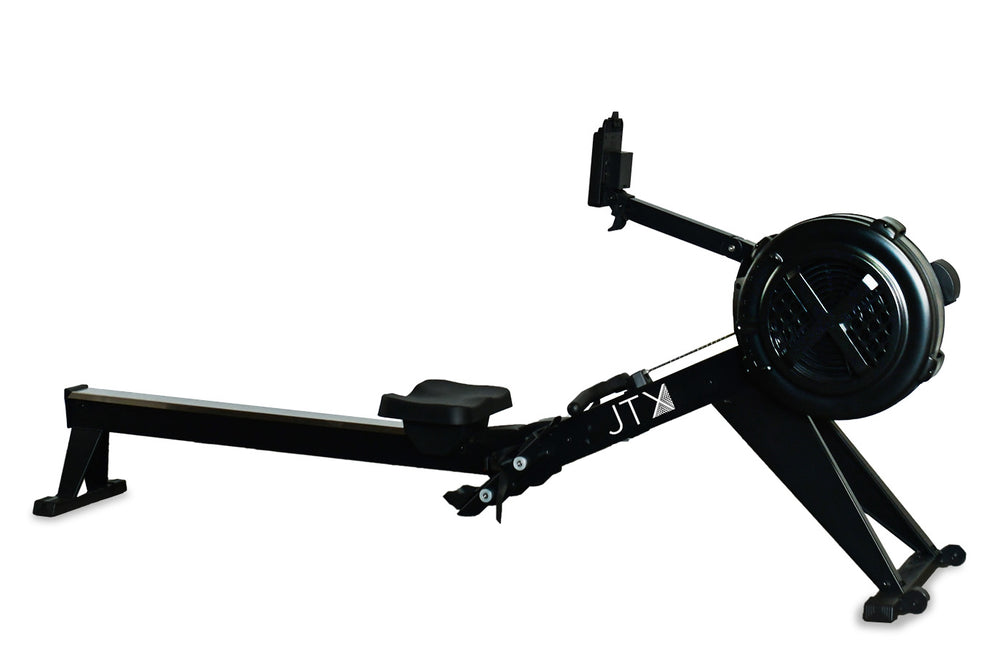 Black JTX Ignite AirX Rower rowing machine on a white background.