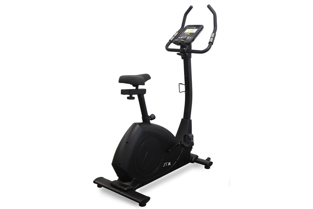 Black JTX Cyclo-Go X upright exercise bike on a white background.