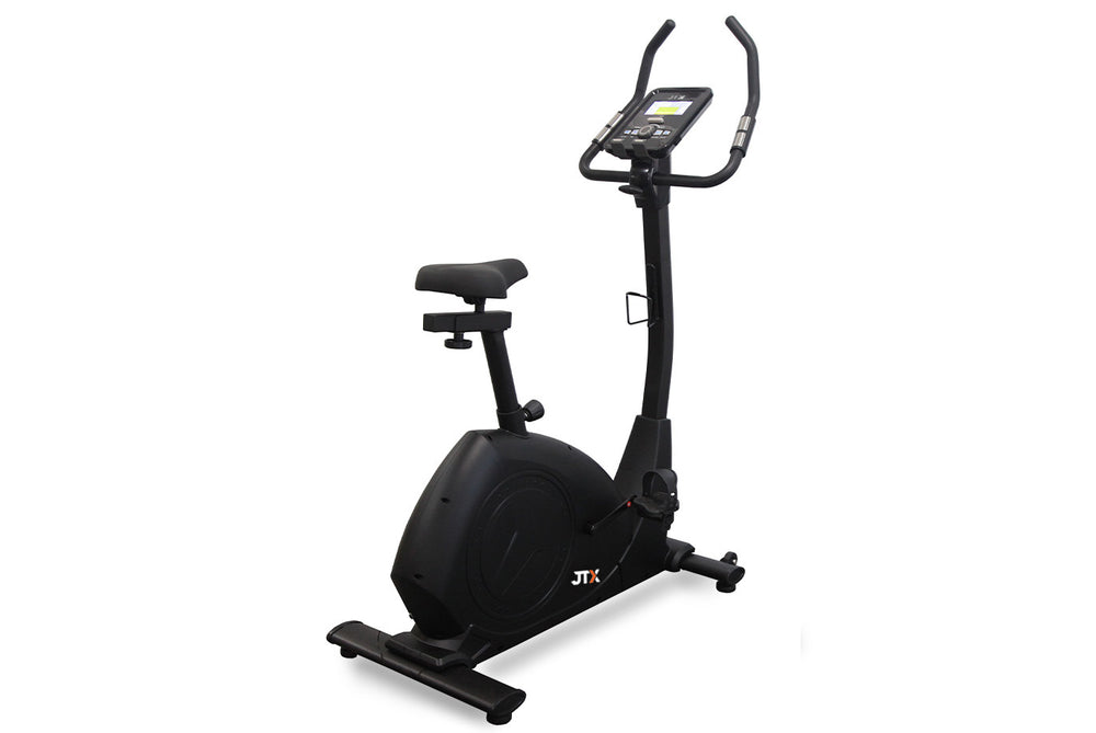 Black JTX Cyclo-Go X upright exercise bike on a white background.