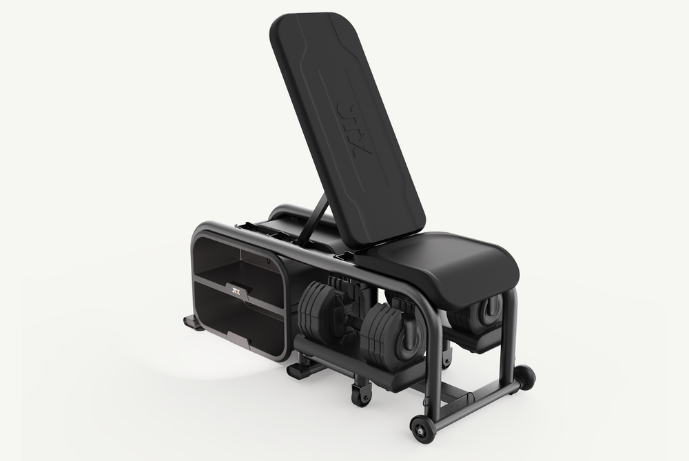JTX Keystone Bench With 22.5kg Adjustable Dumbbells On a White Background