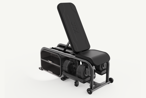 JTX Keystone Bench With 22.5kg Adjustable Dumbbells On a White Background