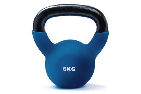 Blue 6kg kettlebell on a white background.