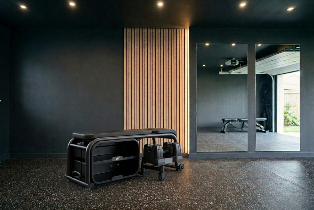 JTX Keystone Bench In Garage Home Gym With 14kg Adjustable Dumbbells