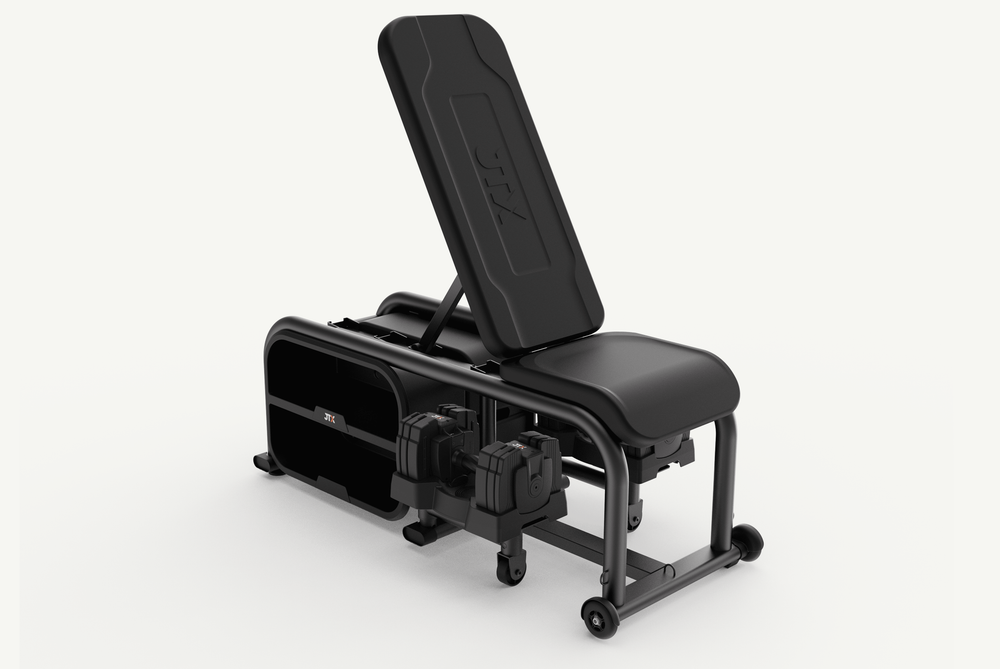 JTX Keystone Bench With 14kg Adjustable Dumbbells On a White Background