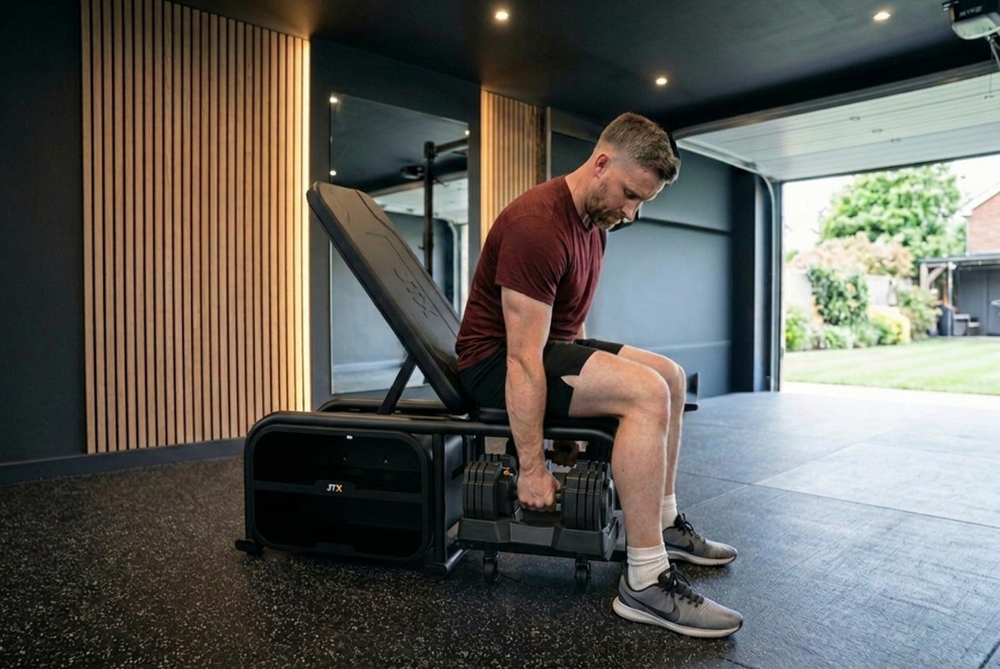 JTX Keystone Bench and 14kg Adjustable Dumbbells In Home Gym