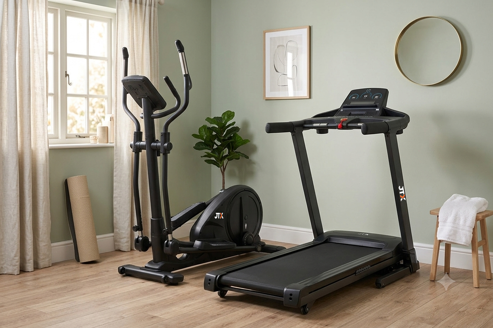 JTX Tri-Fit Cross Trainer and Sprint-7 treadmill in a home setting.
