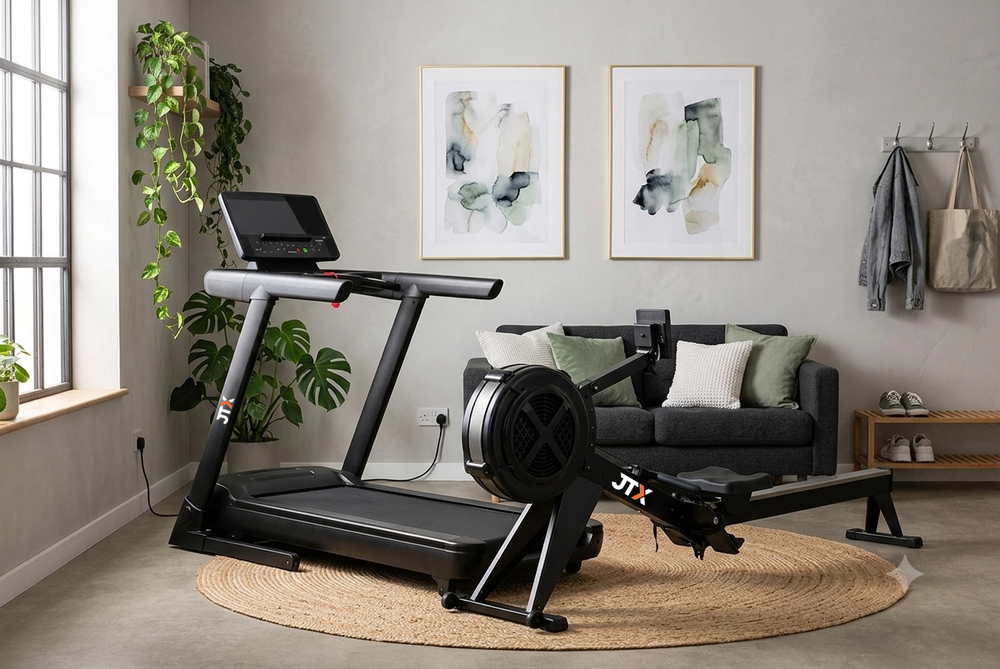 JTX treadmill and rowing machine at home.