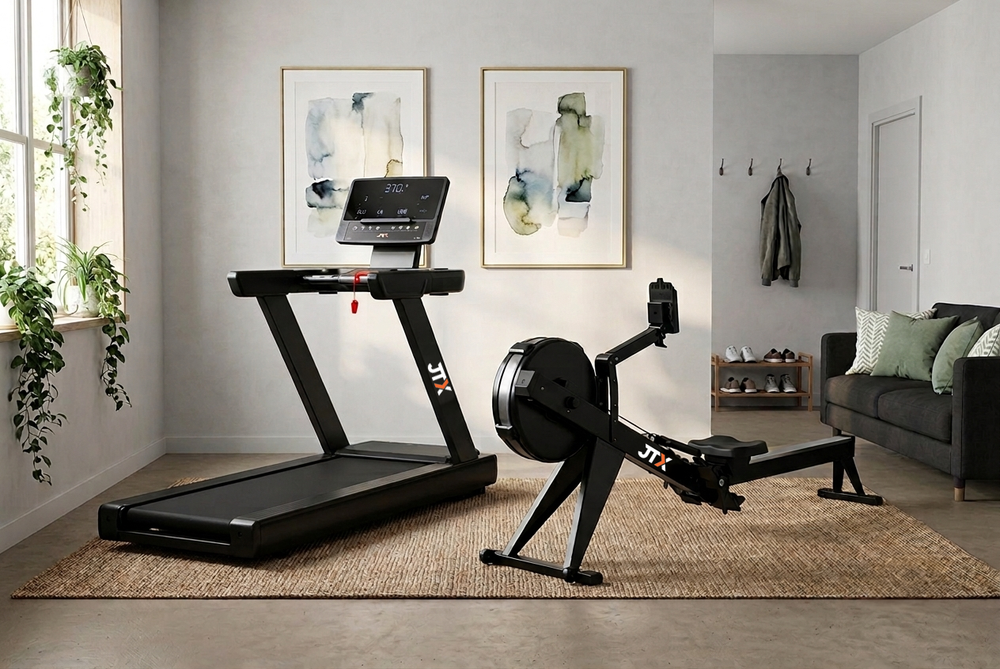 JTX treadmill and rowing machine in a home.