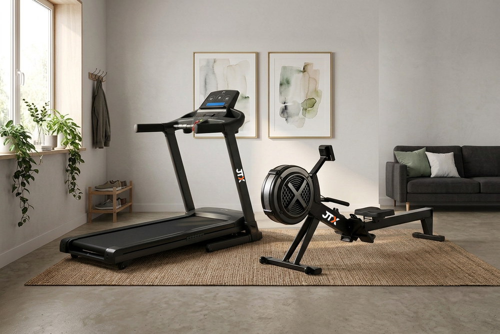JTX treadmill and rowing machine in living area at home.
