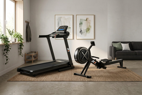 JTX treadmill and rowing machine in living area at home.