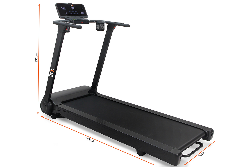 Black JTX RunRise XL treadmill on a white background with dimensions of the product.