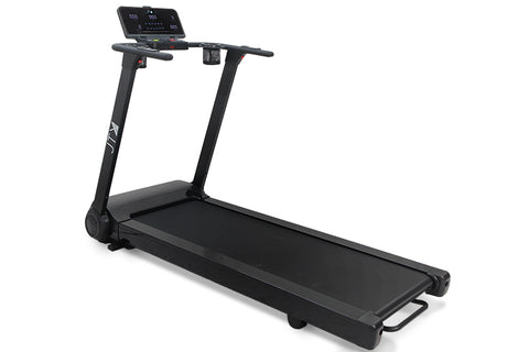 Black JTX Runrise XL motorised treadmill with a plain white background.
