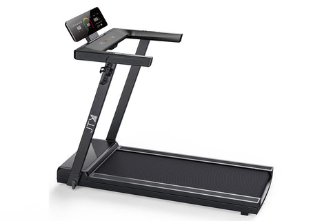 Black JTX SlimLine treadmill with digital display on a white background