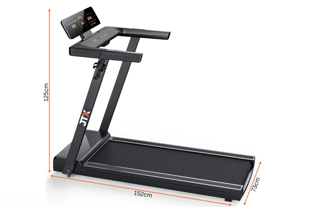 Black JTX SlimLine treadmill with digital display on a white background