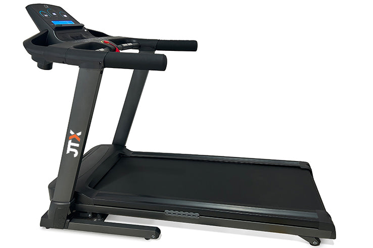 Black JTX Sprint-7 motorised treadmill with a plain white background.