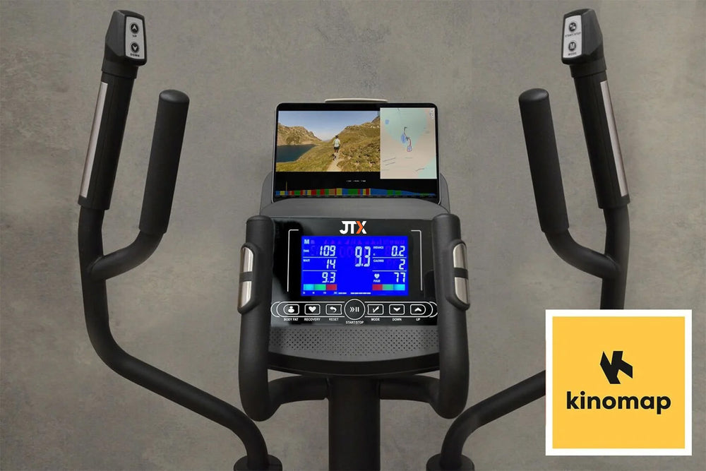 Digital display of the JTX Tri-Fit cross trainer with a Kinomap logo on a grey background.