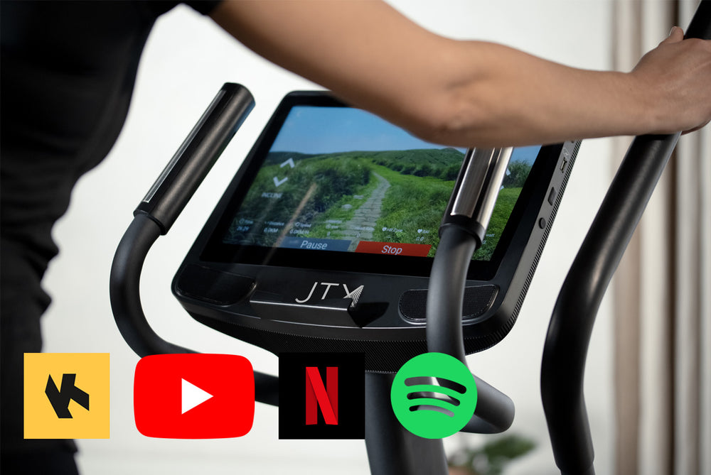 Touchscreen console of the JTX Zenith Rise cross trainer displaying a Kinomap route.
