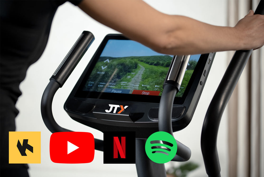 Touchscreen console of the JTX Zenith Rise cross trainer displaying a Kinomap route.