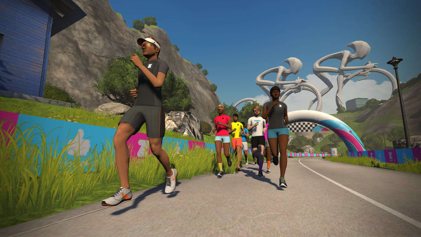 Zwift virtual running workout showing multiple runners on a scenic digital course.